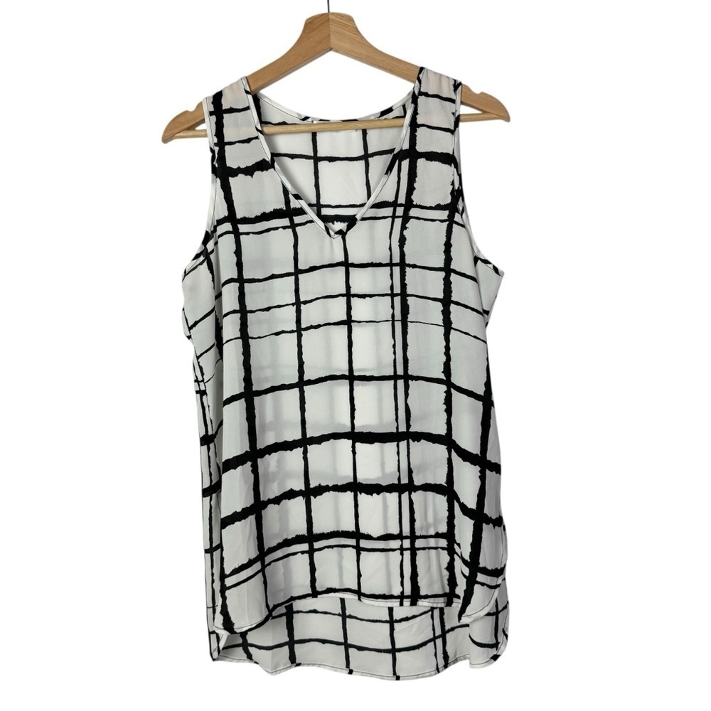 Spense White & Black Square Plaid Sleeveless Blouse S